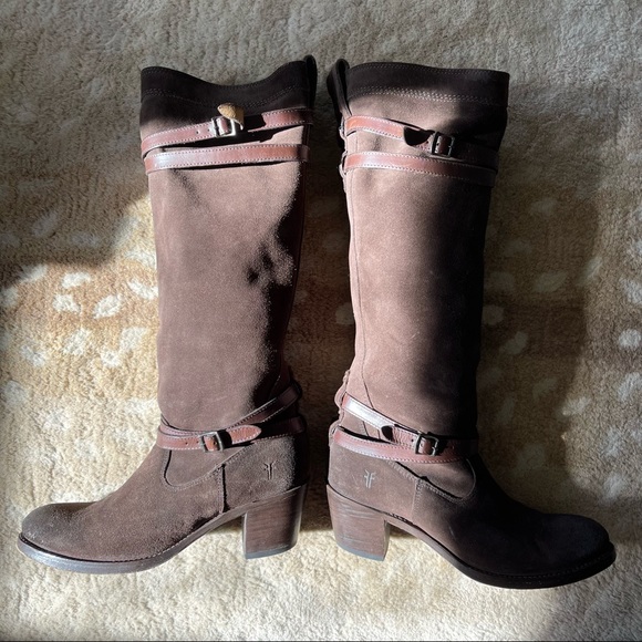 Frye Jane Strappy Tall Slouchy Boots In Dark Brown Suede Size 8 - Picture 5 of 13